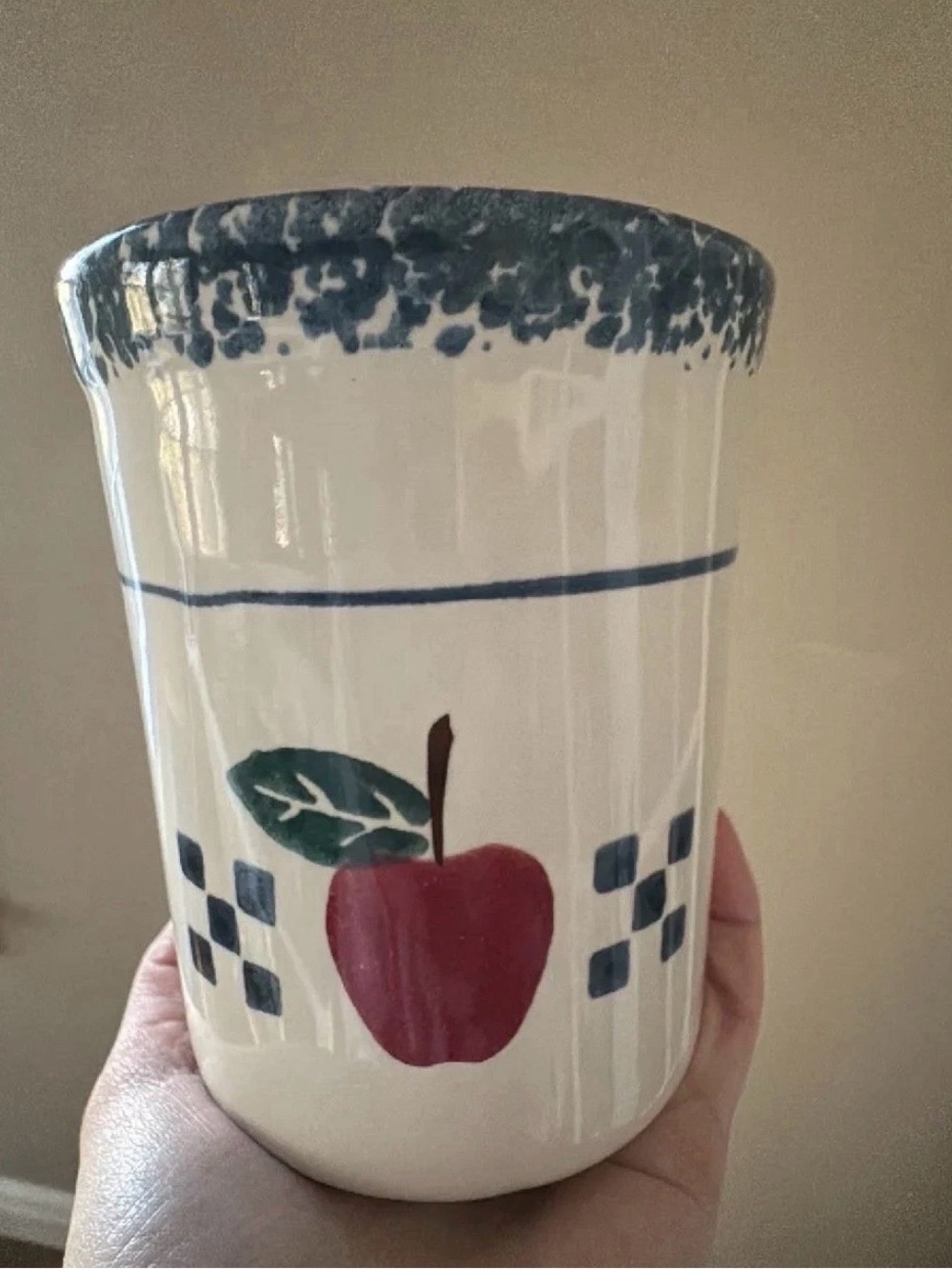 Hand-Painted Ceramic Apple Utensil Holder - Cream, Red & Blue